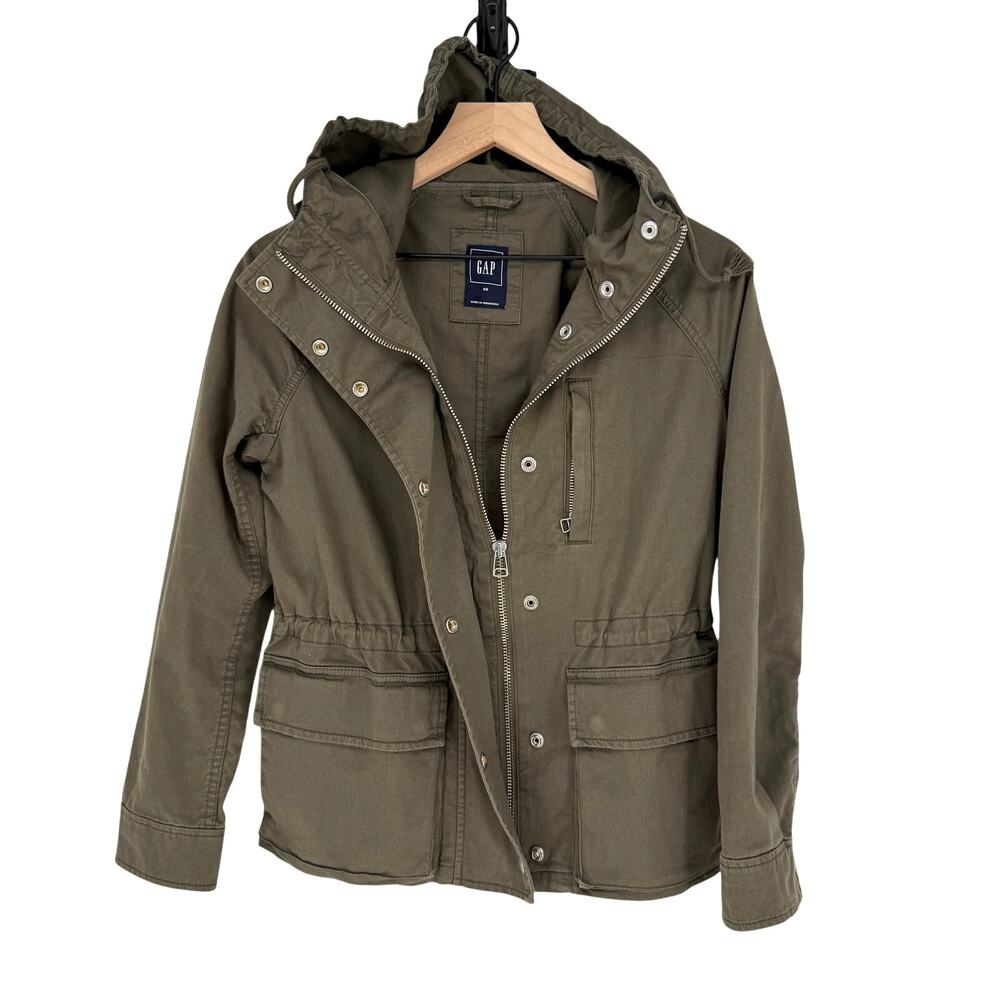GAP Utility Olive Green Hooded Parka Jacket Drawstring Waist Womens XS Gorpcore